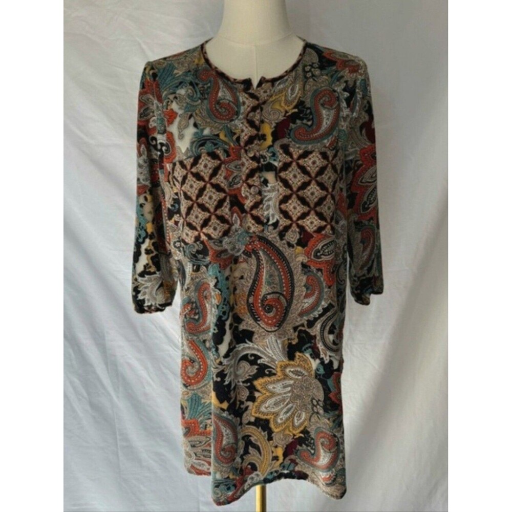 Fig & Flower Paisley Print Shift Tunic Dress 3/4 Sleeve Medium Boho Multicolor